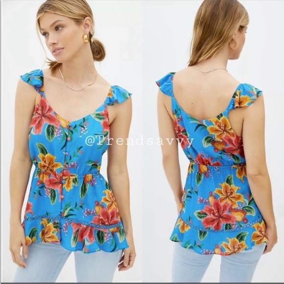 Anthropologie Tops - Anthropologie Farm Rio tropical Floral Ruffled Blouse Pullover Tops Blue XS NWT